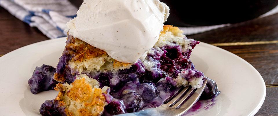 Plate of blueberry cobbler with ice cream