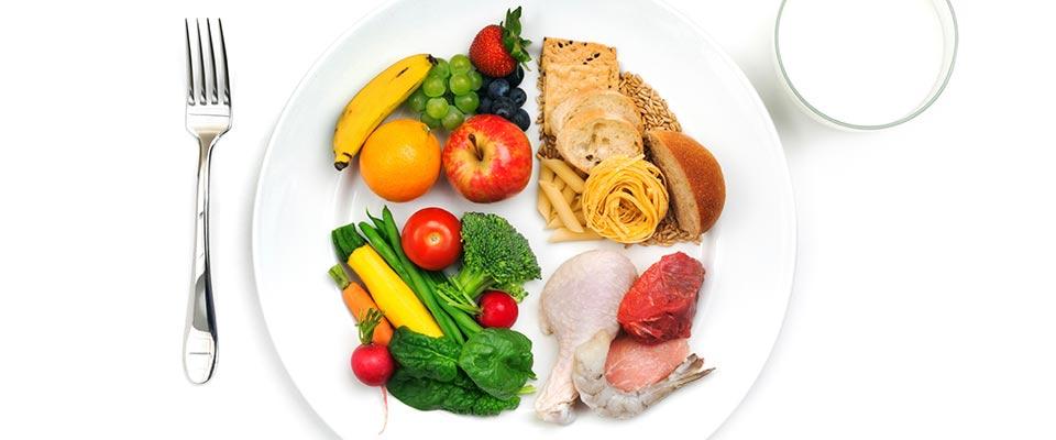 Well-balanced plate of fruit, vegetables, meats, and grains
