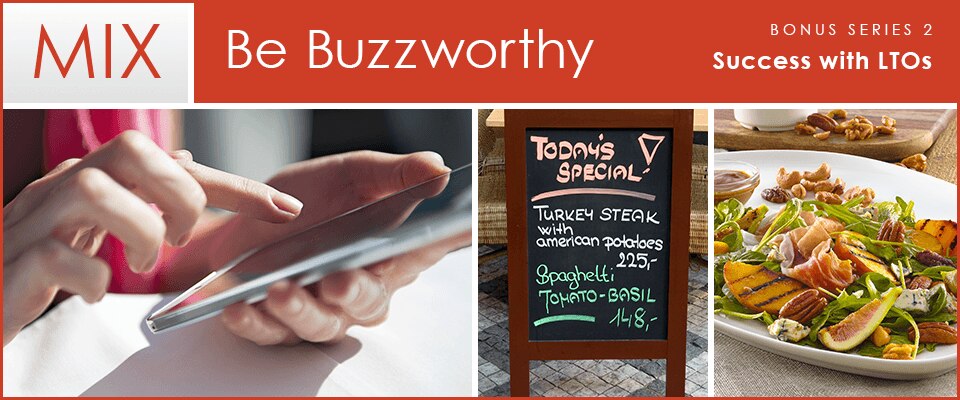 Be Buzzworthy Bonus 2: Woman on smartphone; sidewalk menu with specials; fresh seasonal salad