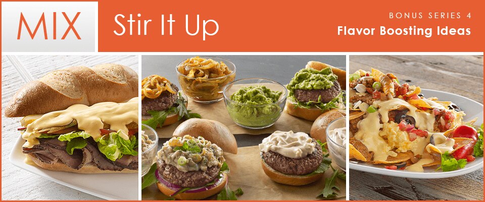 Stir It Up Mix Bonus 4: Plate with Brazilian roast beef sandwich; bowls and burgers with chutney, onions, and spreads; plate