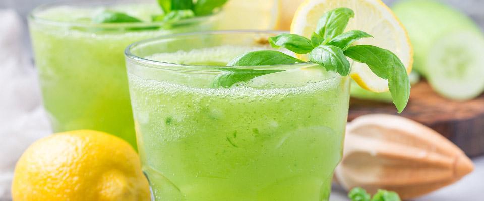 Lemonade with cucumber, basil, and sparkling water