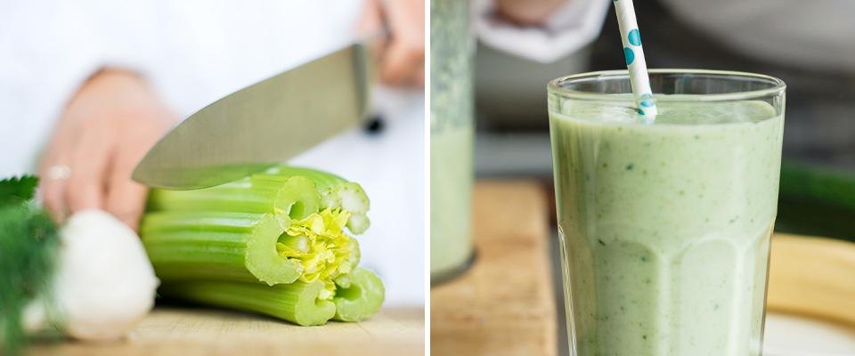 Chef chopping celery; glass with fresh green smoothie