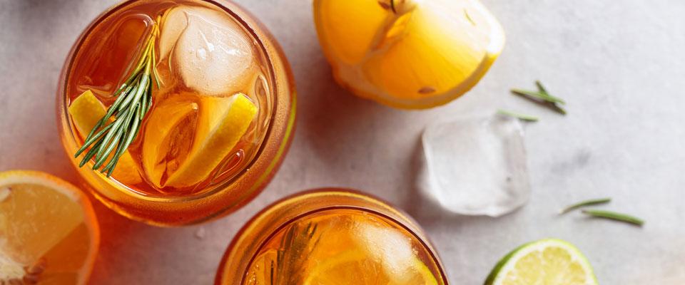 Looking into glasses of rosemary iced tea