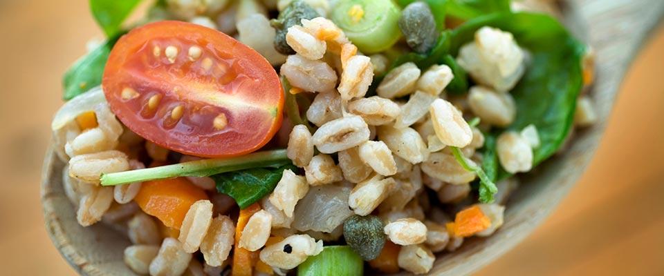 Wooden spoon with farro salad