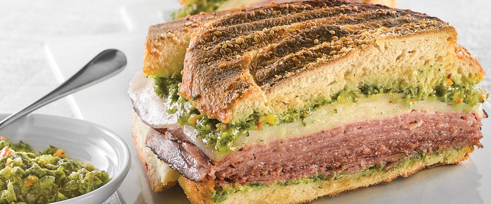 Muffaletta sandwich cut in half