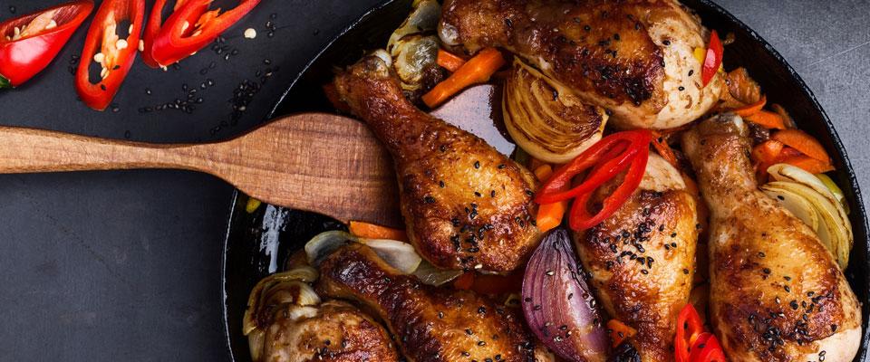 Skillet of spicy chicken