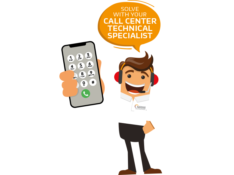 Technician with a cell phone and thought bubble saying &quot;solve with your call center technical specialist.&quot;