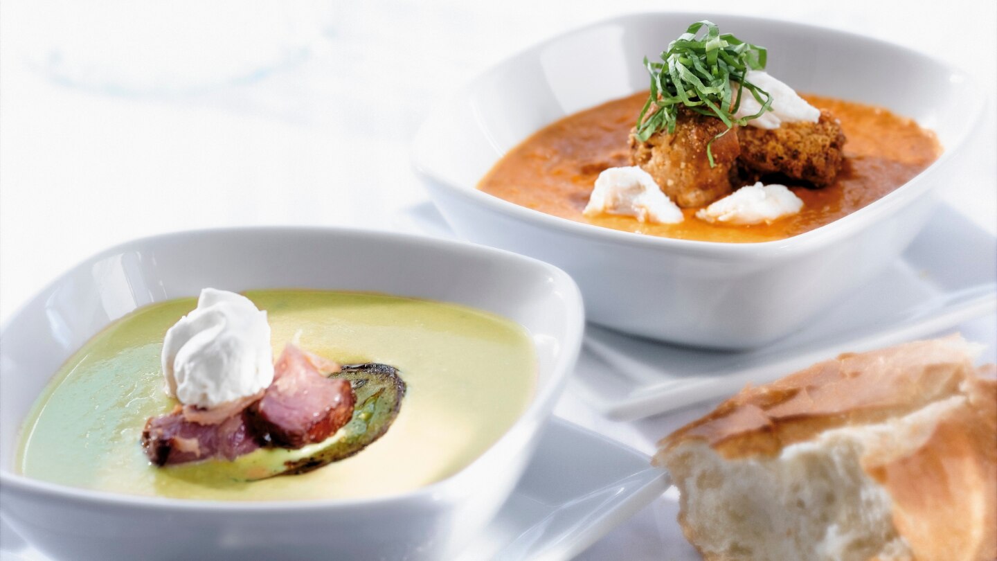 Bowls of soup in white bowl