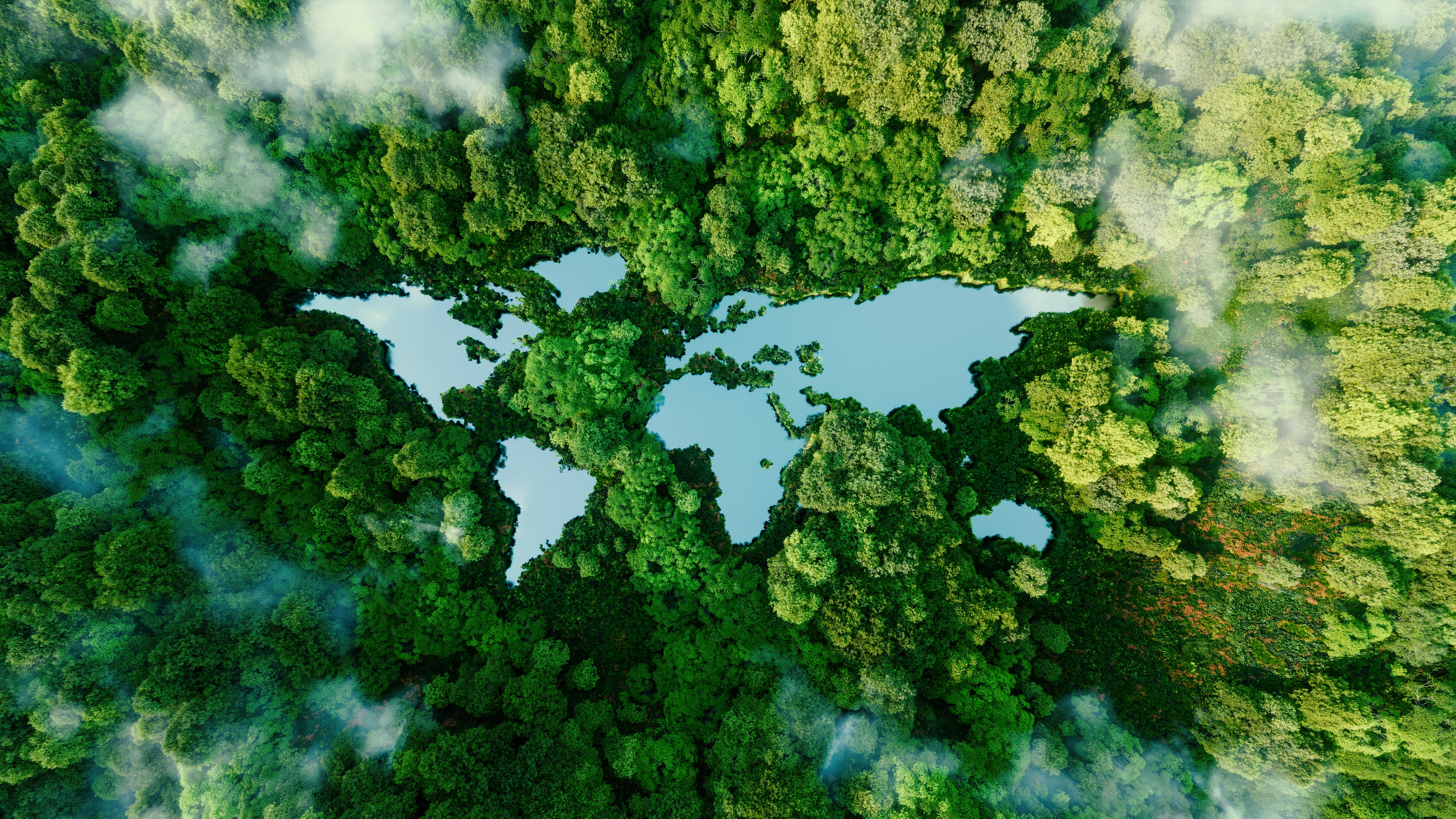 World map where the continents are blue and the surrounding areas are green trees