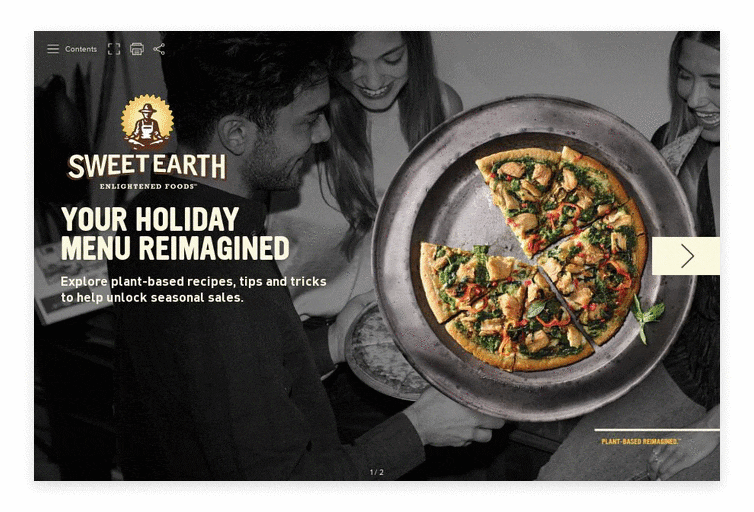 Three persons sharing a pan of Sweet Earth Mindful Chik’n pizza with the Sweet Earth Logo and Your Holiday Reimagined ads slo
