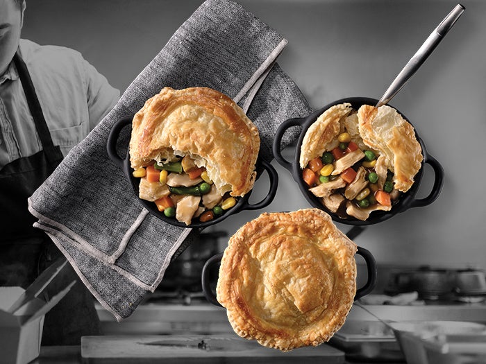 A chef is making 3 Plant-Based Sweet Earth Mindful Chik’n Pie.