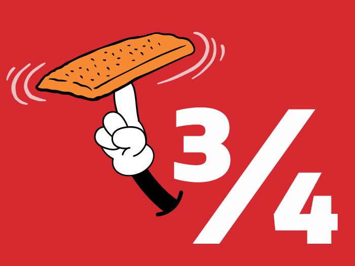 One hand is spinning the Hot Pockets Pizza Sandwich with the number “3/4” on the red background.