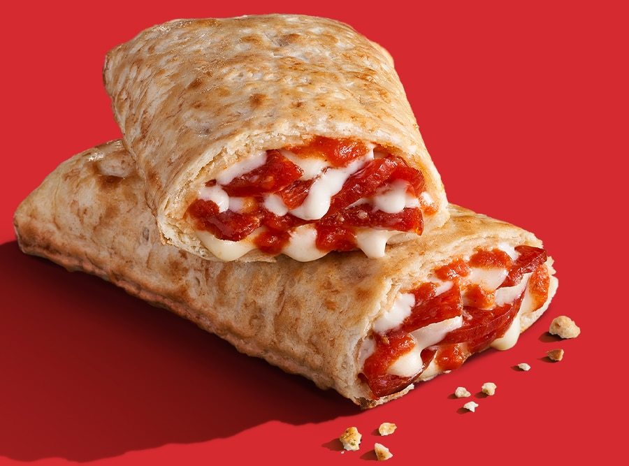 A delicious pizza roll filled with gooey cheese and savory pepperoni.