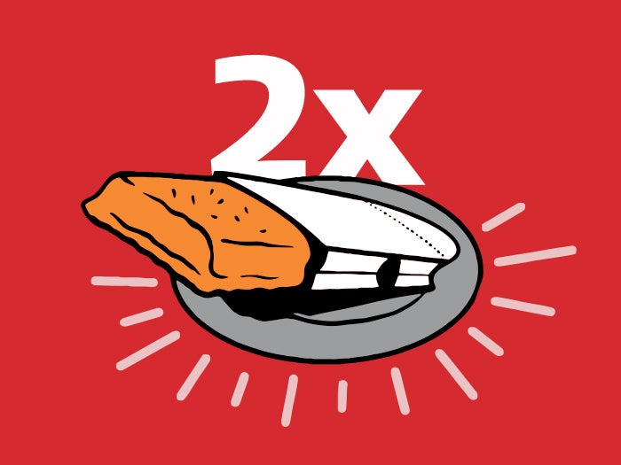 A Hot Pockets Pizza Sandwich on a plate with the word “2X” in the red background