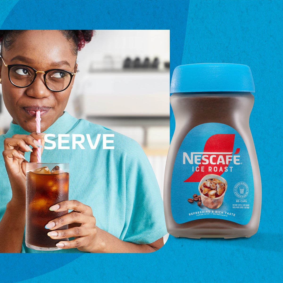 Nescafe ice roast jar with woman sipping coffee through straw