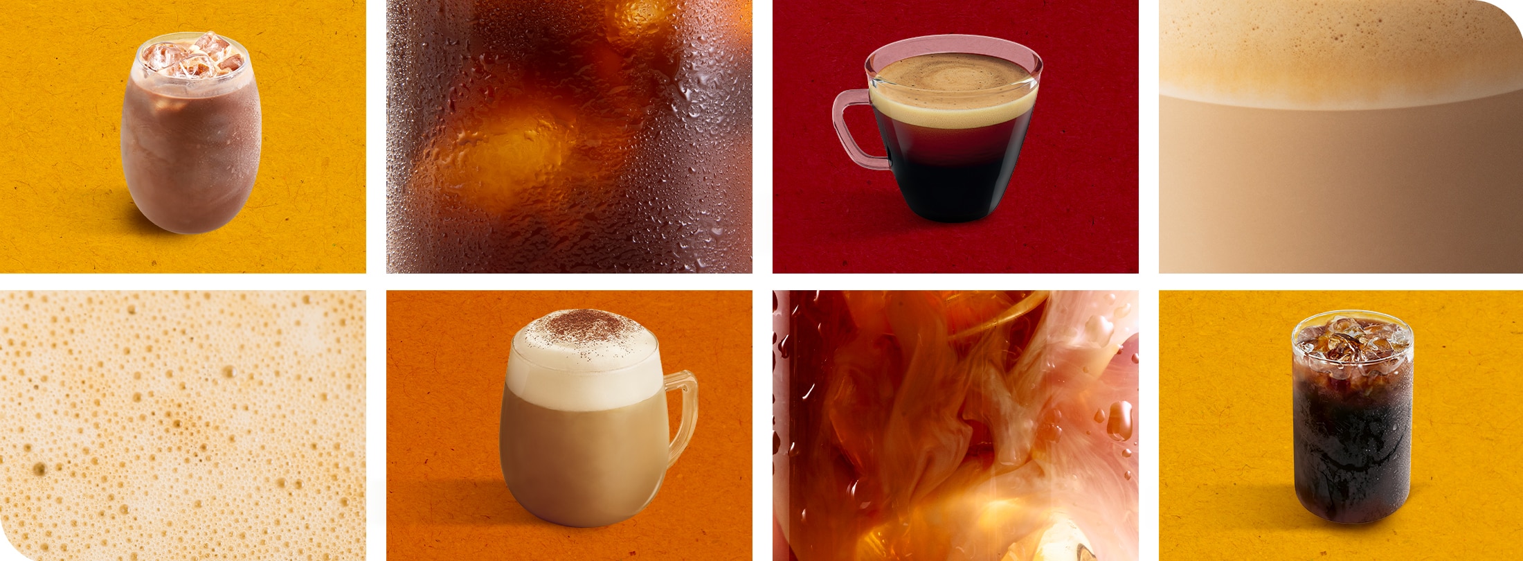 A grid of images depicting a variety of  Nescafé coffee drinks, including iced coffee,  latte, espresso, and cappuccino.