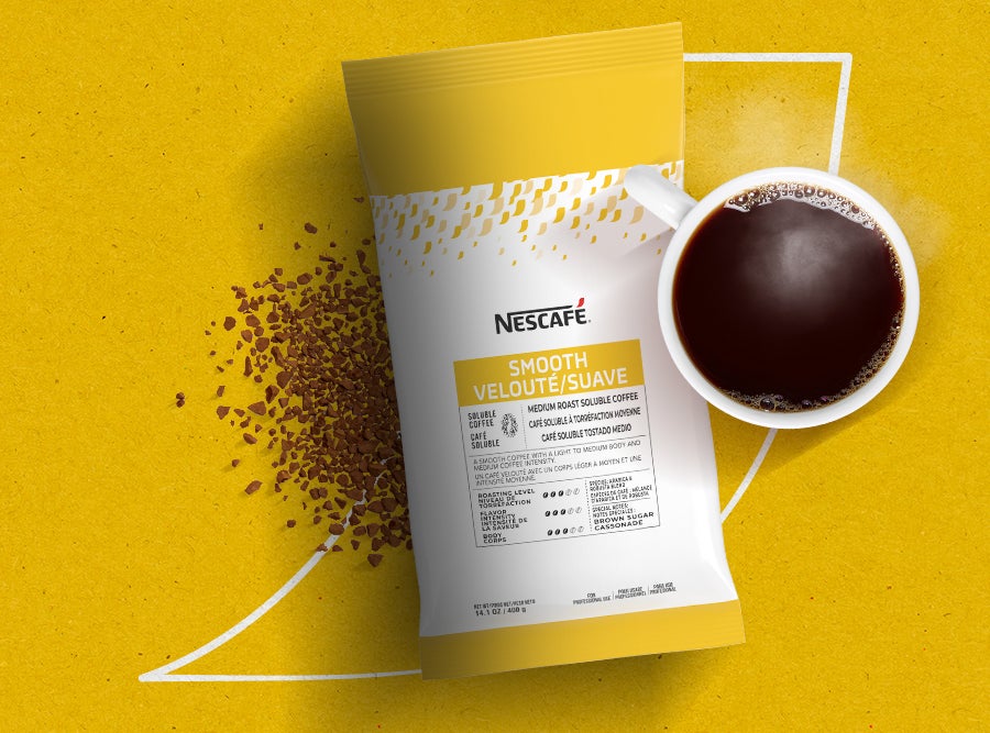 Nescafé Smooth 100% Arabica coffee bag  and a mug of freshly brewed coffee. Grown respectfully for a smooth and flavorful cu