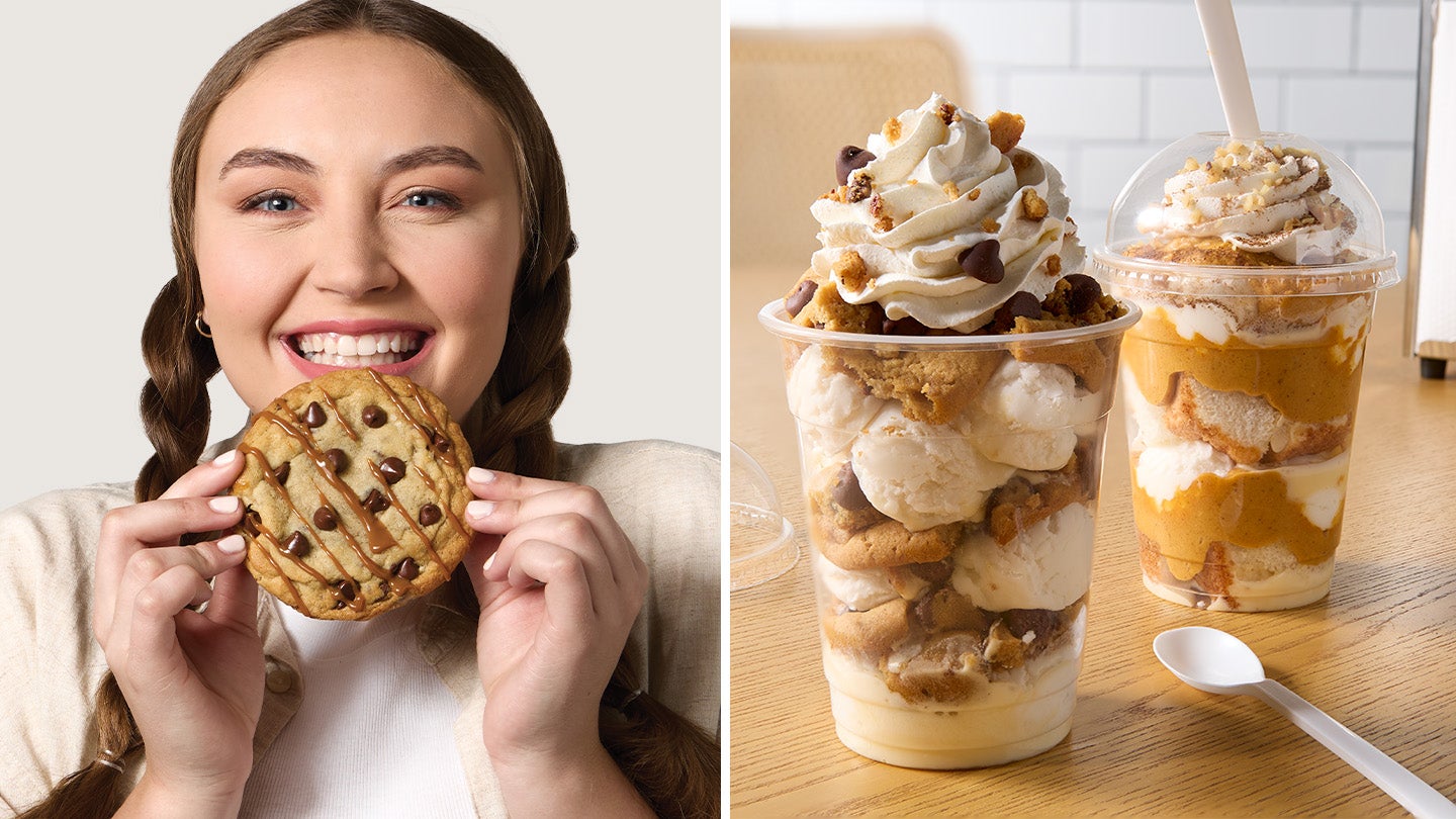 woman biting into a cookie and two dessert drinks