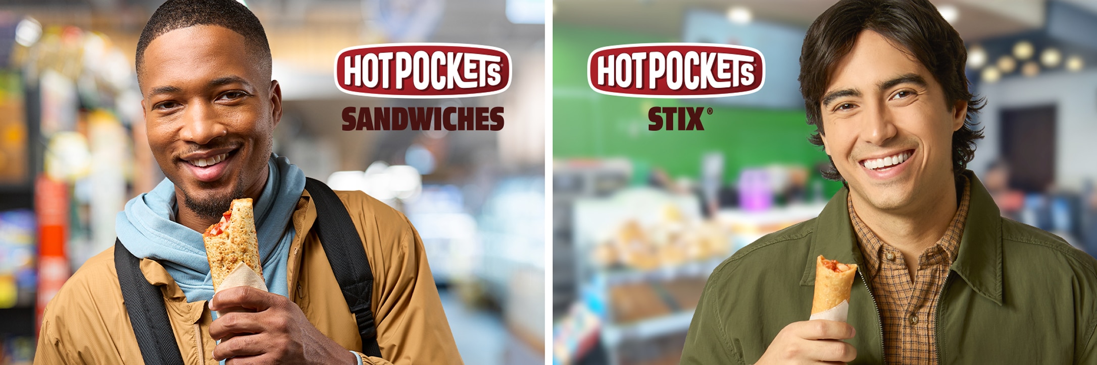 two men holding Hot Pockets