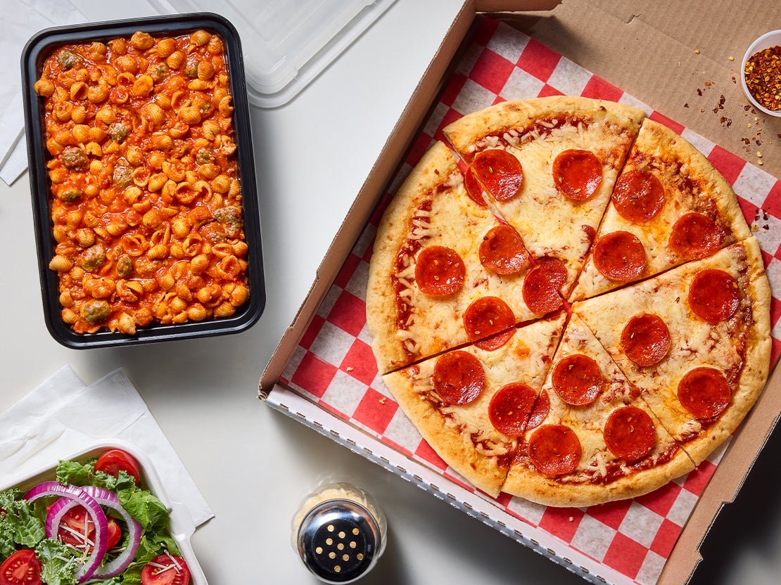 pizza in a box salad and pasta