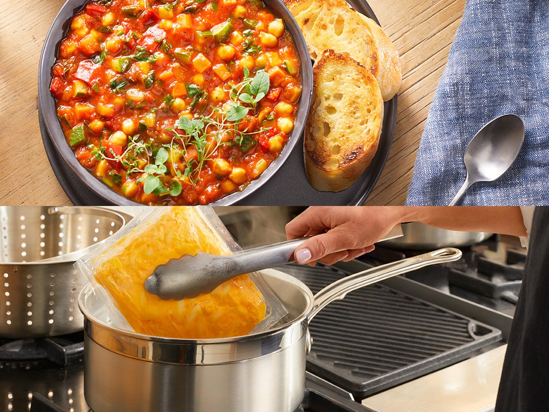 macaroni pouch heating up plated food and bread