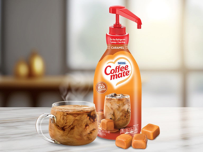 coffee mate caramel pump with cup of coffee