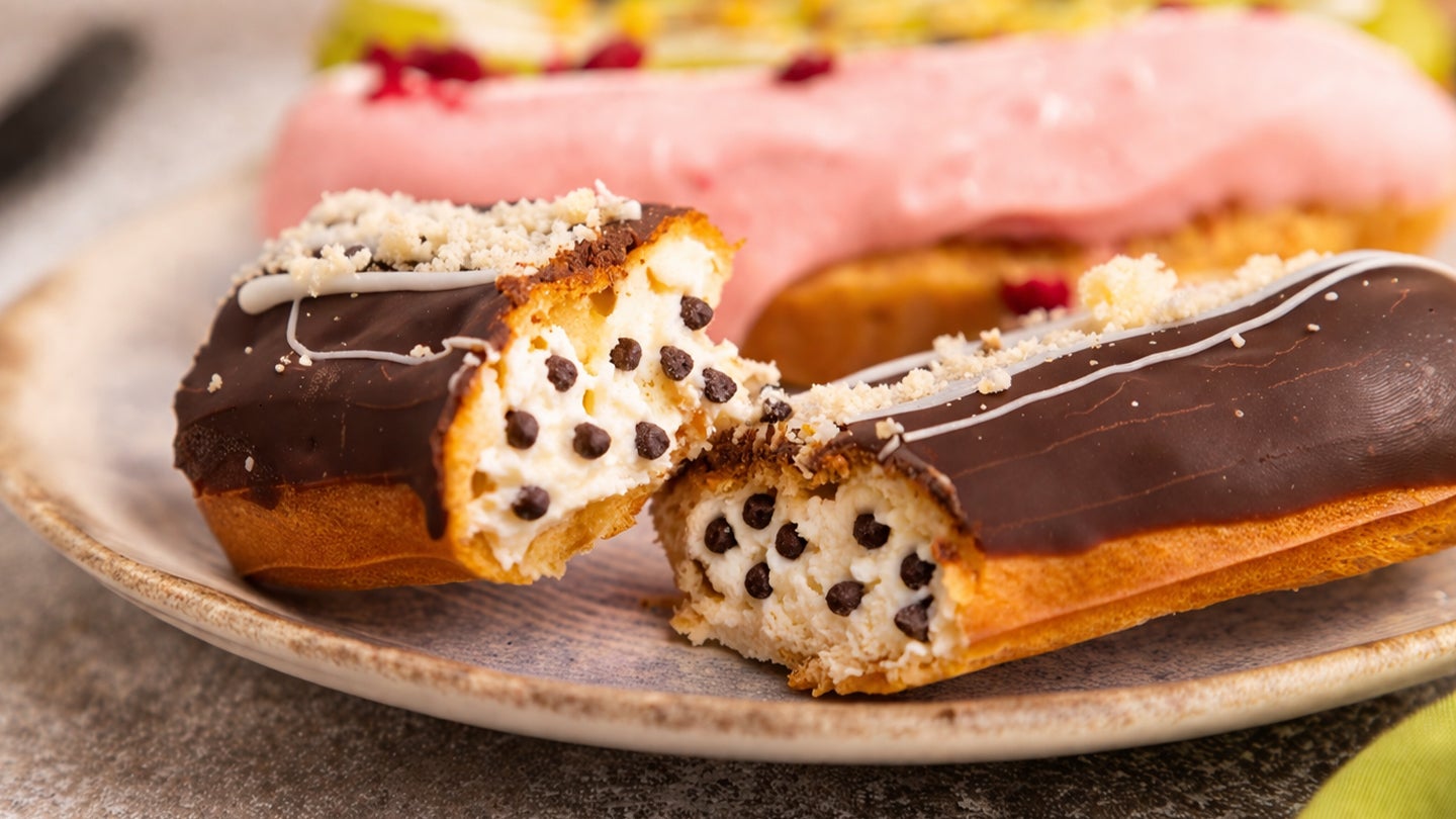 Chocolate eclair filled with semi-sweet morsels and creme