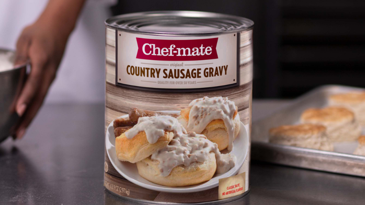 chef mate country sausage gravy on counter with biscuits and gravy on plate