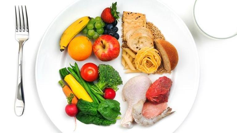 Well-balanced plate of fruit, vegetables, meats, and grains
