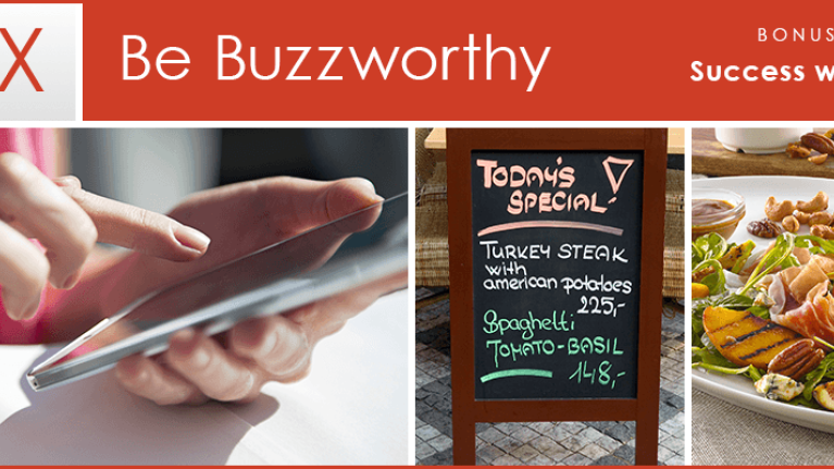 Be Buzzworthy Bonus 2: Woman on smartphone; sidewalk menu with specials; fresh seasonal salad