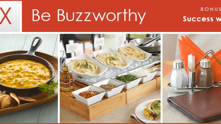 Be Buzzworthy Bonus 3: Queso fundido with plantain chips; action station; menu on countertop