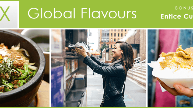 Global Flavours Mix Bonus 3: Bowl of bibimbap; woman at sidewalk food cart; street food in take-out container
