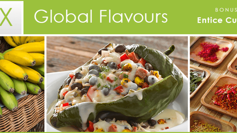 Global Flavours Mix Bonus 4: Fresh fruits at market; cheesy stuffed poblano pepper; assorted spices in wooden trays