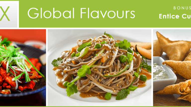 Global Flavours Mix Bonus 1: Chile chicken with cashews & vegetables; soba noodle salad; red curry samosas
