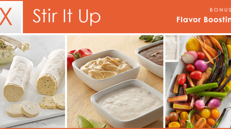 Stir It Up Mix Bonus 2: Assorted flavored butters; bowls with sauces and aioli; bowls with dressing, vinaigrette, and dip