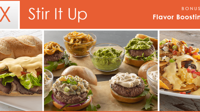 Stir It Up Mix Bonus 4: Plate with Brazilian roast beef sandwich; bowls and burgers with chutney, onions, and spreads; plate