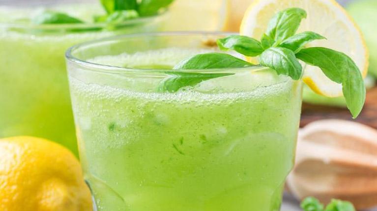 Lemonade with cucumber, basil, and sparkling water