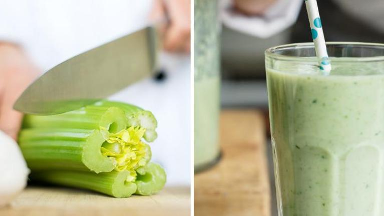 Chef chopping celery; glass with fresh green smoothie