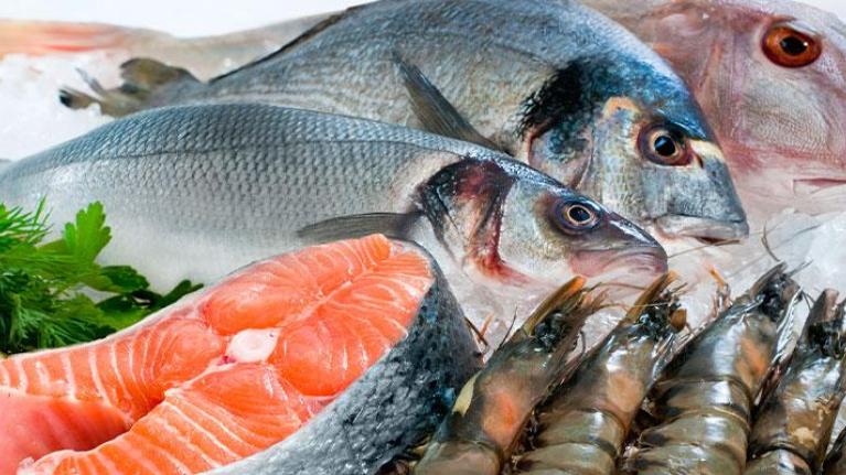 Assortment of fresh seafood on ice