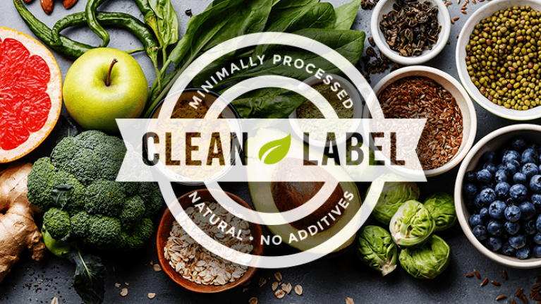 Clean Label badge over assortment of minimally processed foods