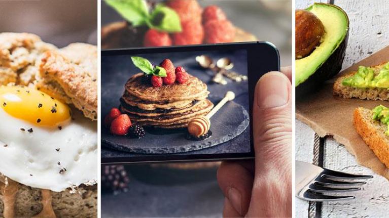 Chicken and eggs on biscuit; smartphone photo of buckwheat pancakes; avocado toast with egg whites