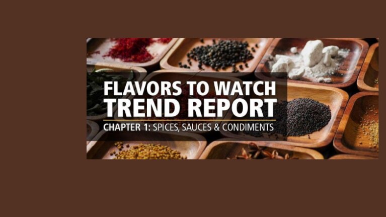 Text says: Flavors to Watch, with various spices in dishes in the background