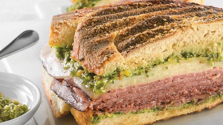 Muffaletta sandwich cut in half