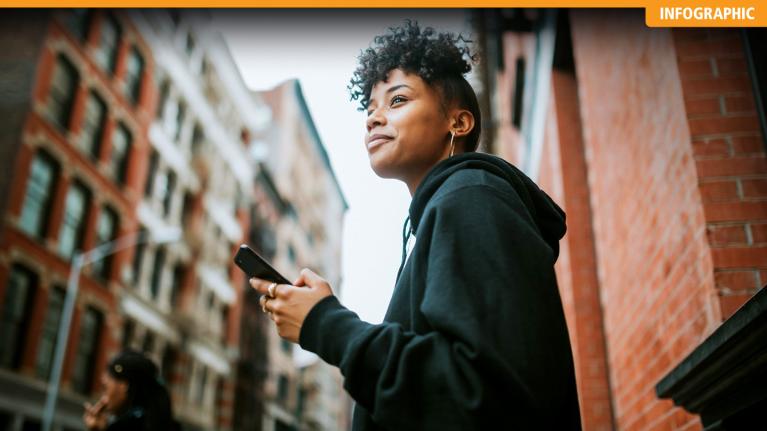 Woman holding cell phone in street