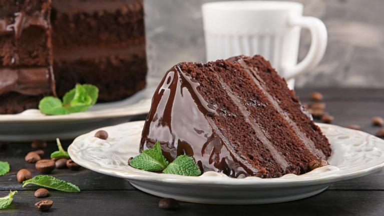 Slice of chocolate cake with mint