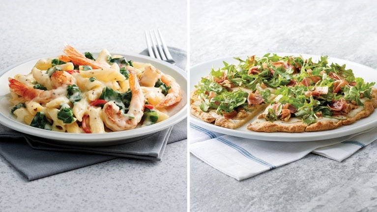 Side by side image of shrimp dish and pizza