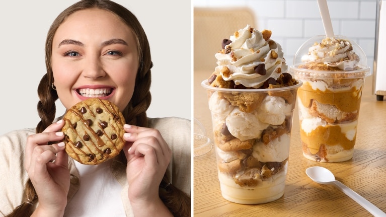 woman biting into a cookie and two dessert drinks