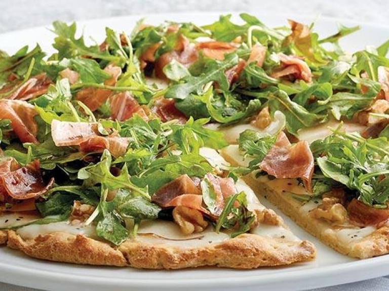 Plate of Pear, Prosciutto and Arugula Pizza featuring Stouffer’s Gluten Free products