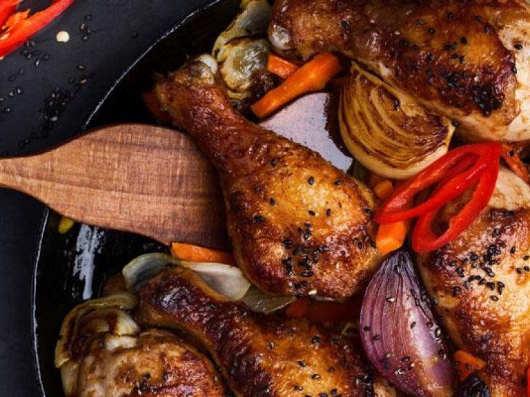 Skillet of spicy chicken