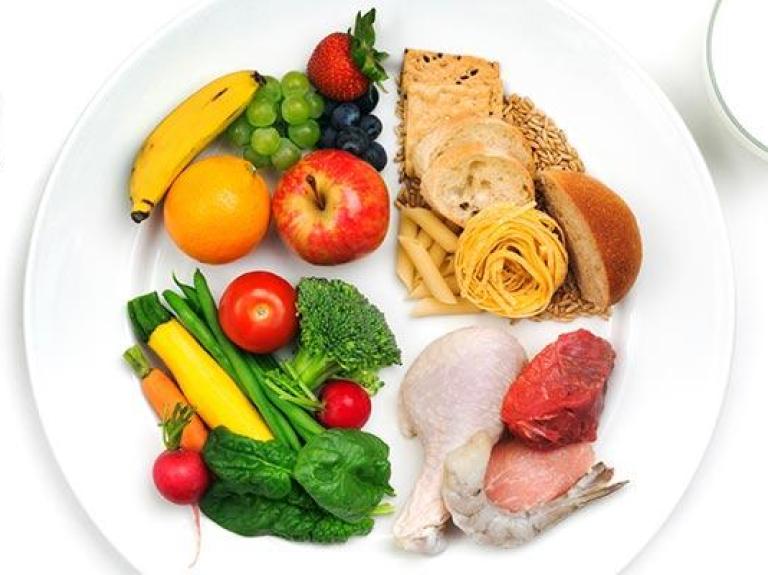 Well-balanced plate of fruit, vegetables, meats, and grains